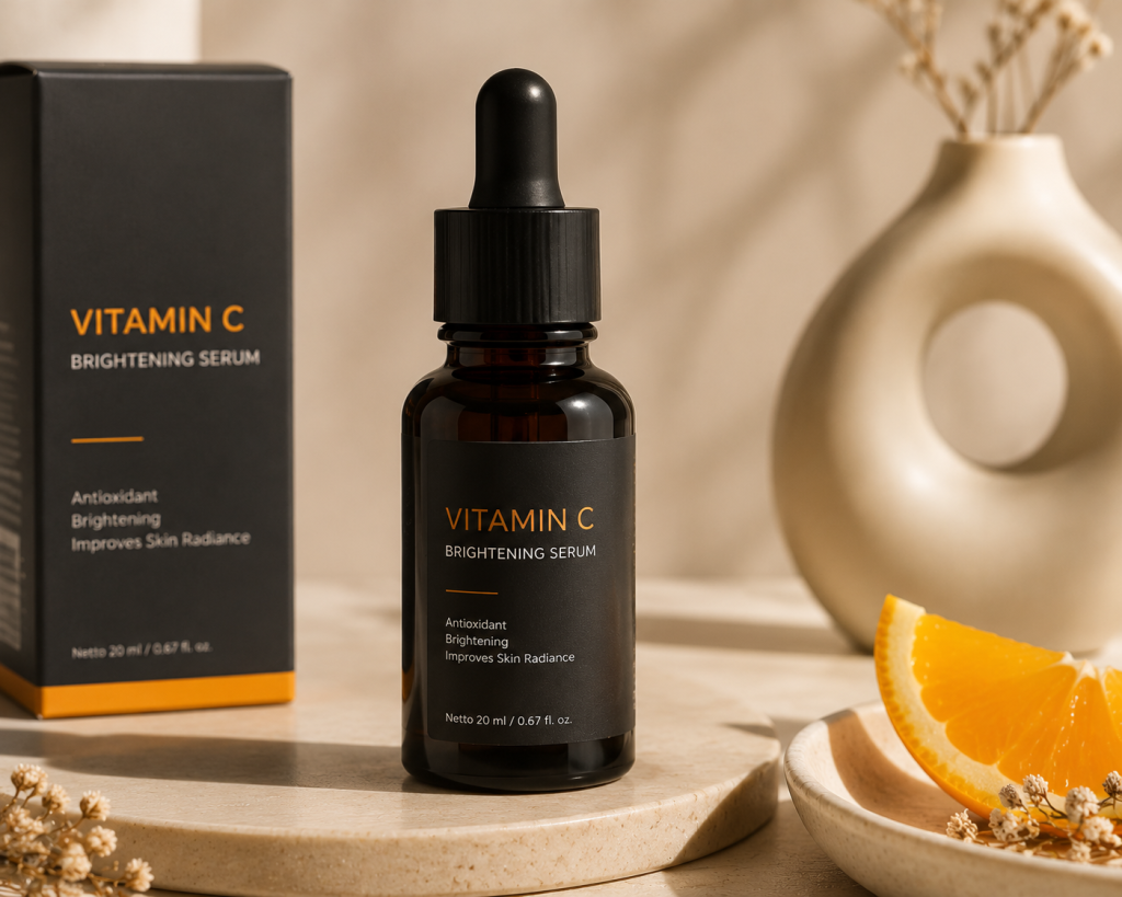 botol serum vitamin c dengan kemasan gelap kedap cahaya