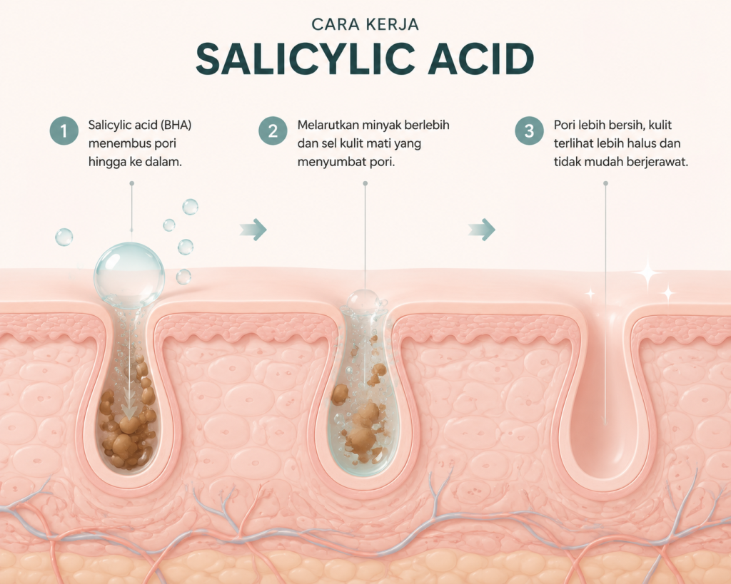 ilustrasi cara kerja salicylic acid pada pori kulit