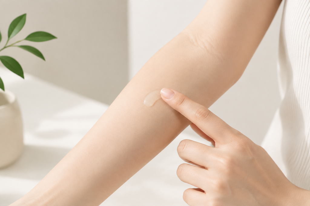 ilustrasi cara patch test skincare di area lengan bagian dalam