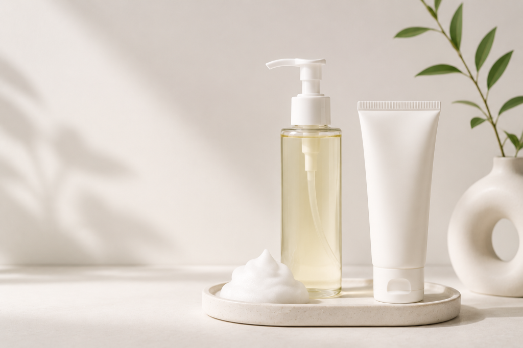 ilustrasi dua tahap dalam double cleansing adalah pembersihan berbasis minyak dan air