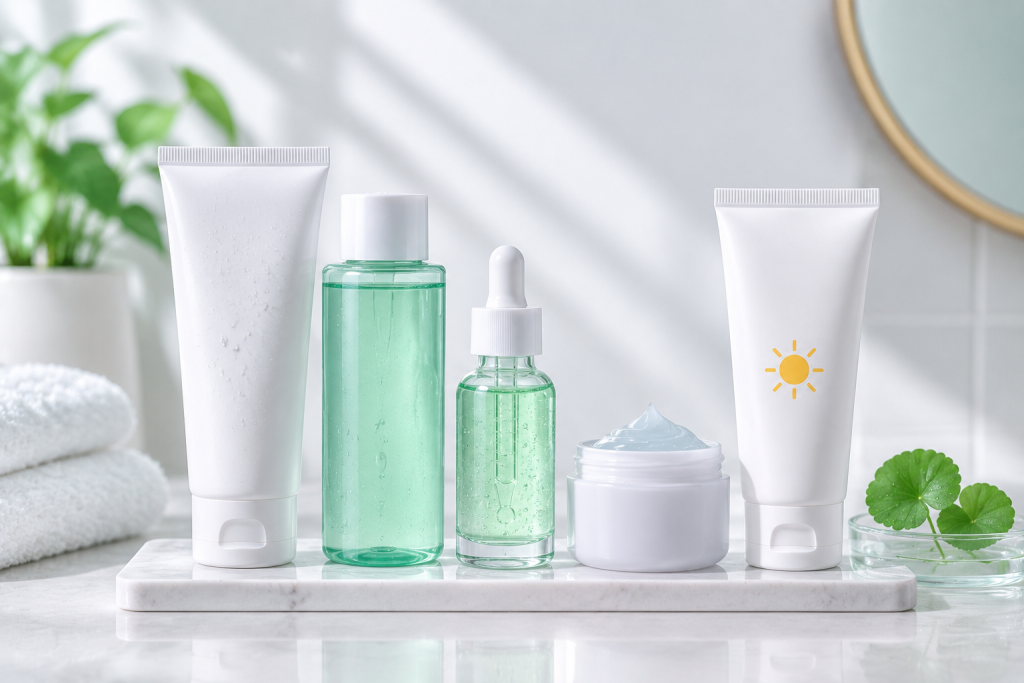 ilustrasi rangkaian skincare untuk kulit berjerawat yang sederhana