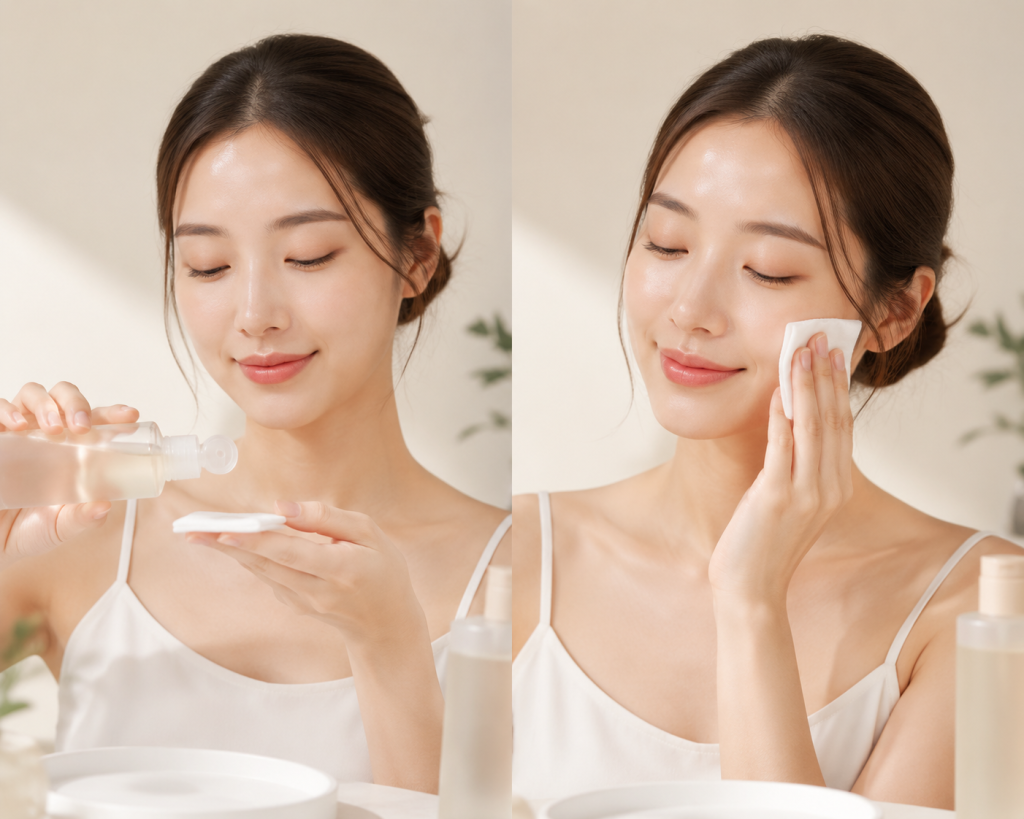 penggunaan toner wajah dengan kapas dan telapak tangan