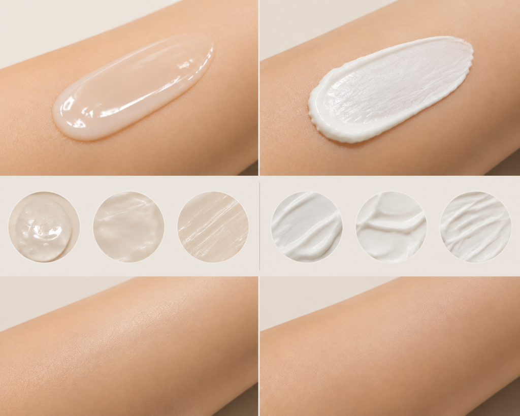perbandingan tekstur sunscreen chemical dan physical di kulit